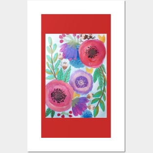 Watercolor red and purple flowers and leaves Posters and Art